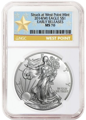 2014 (W) $1 Silver Eagle Early Release MS-70 NGC (Gold Star West Point Label)