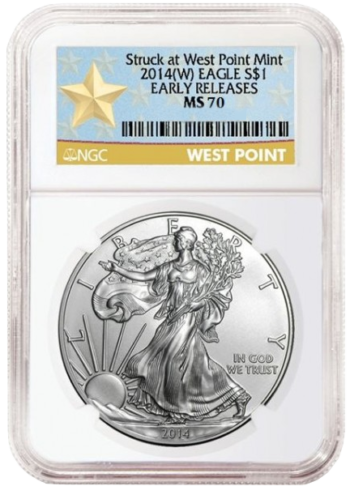 2014 (W) $1 Silver Eagle Early Release MS-70 NGC (Gold Star West Point Label)