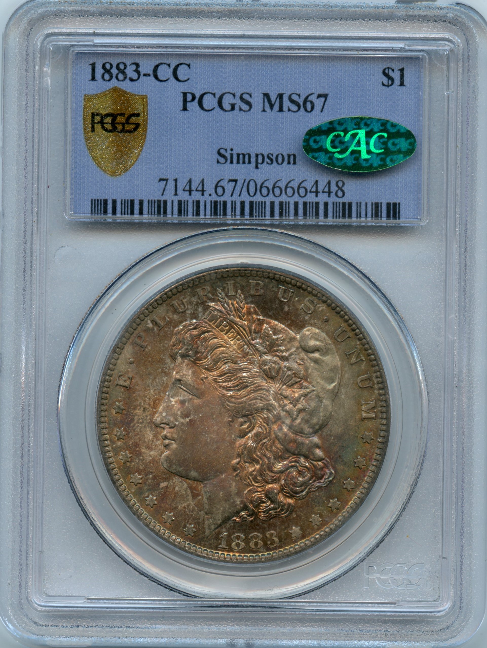 1883-cc Morgan Silver Dollar PCGS MS67 - CAC Certified - Toned