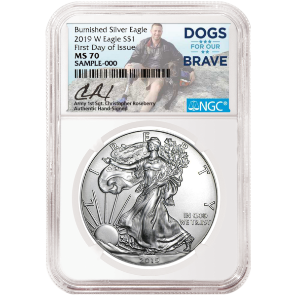 2019-W $1 Burnished Silver Eagle MS70 - First Day Issue - Christopher Roseberry Signature