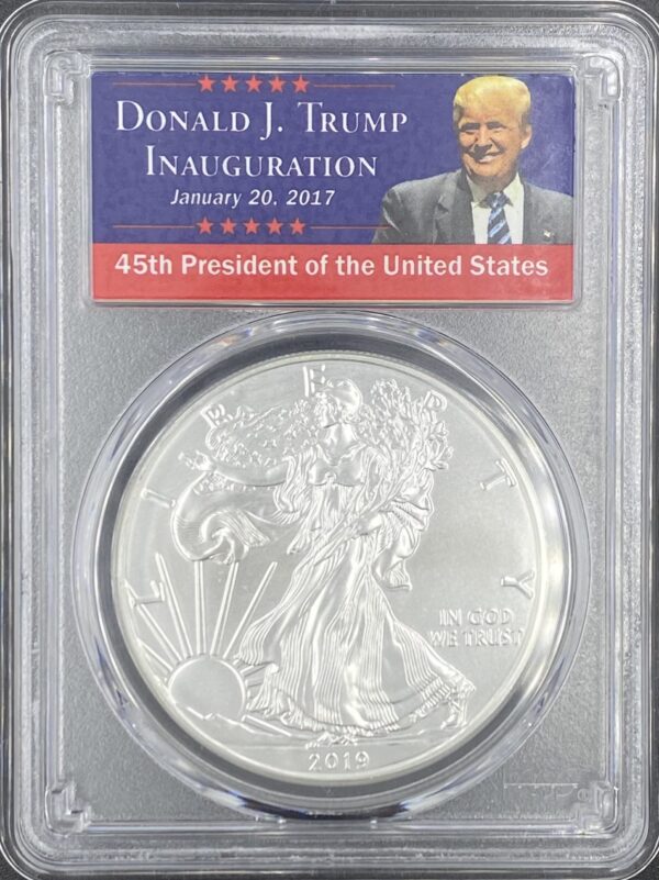 2019 Silver Eagle MS70 First Day Issue PCGS - Donald Trump Label - Image 2