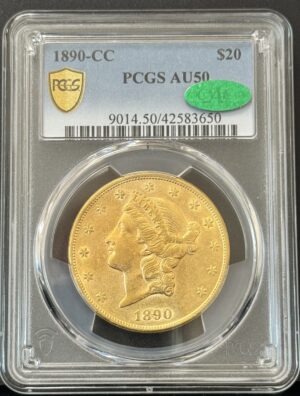 1890 CC $20 Gold Liberty Head Double Eagle PCGS AU 50 CAC