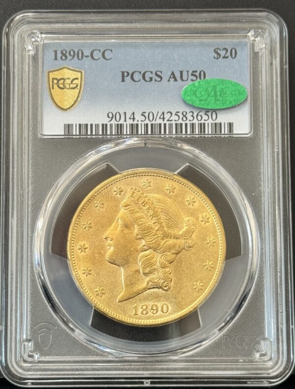 1890 CC $20 Gold Liberty Head Double Eagle PCGS AU 50 CAC