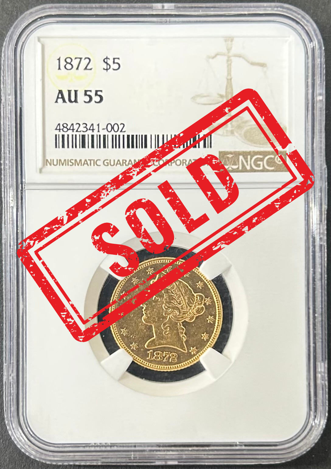 1872 Philadelphia Liberty Head $5 Gold Half Eagle – NGC AU55