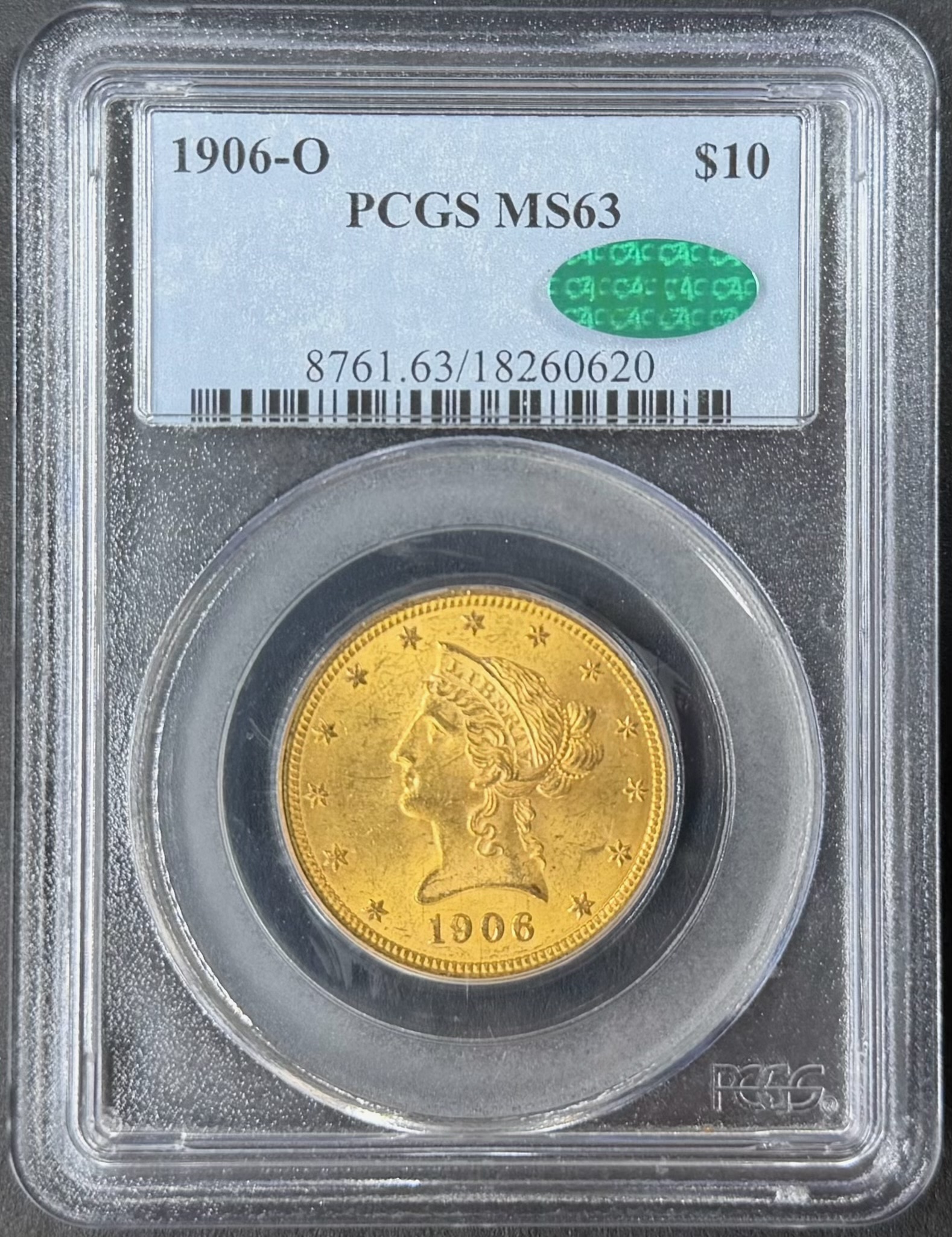 1906-O $10 Liberty Head Gold Eagle – PCGS MS63 with CAC sticker