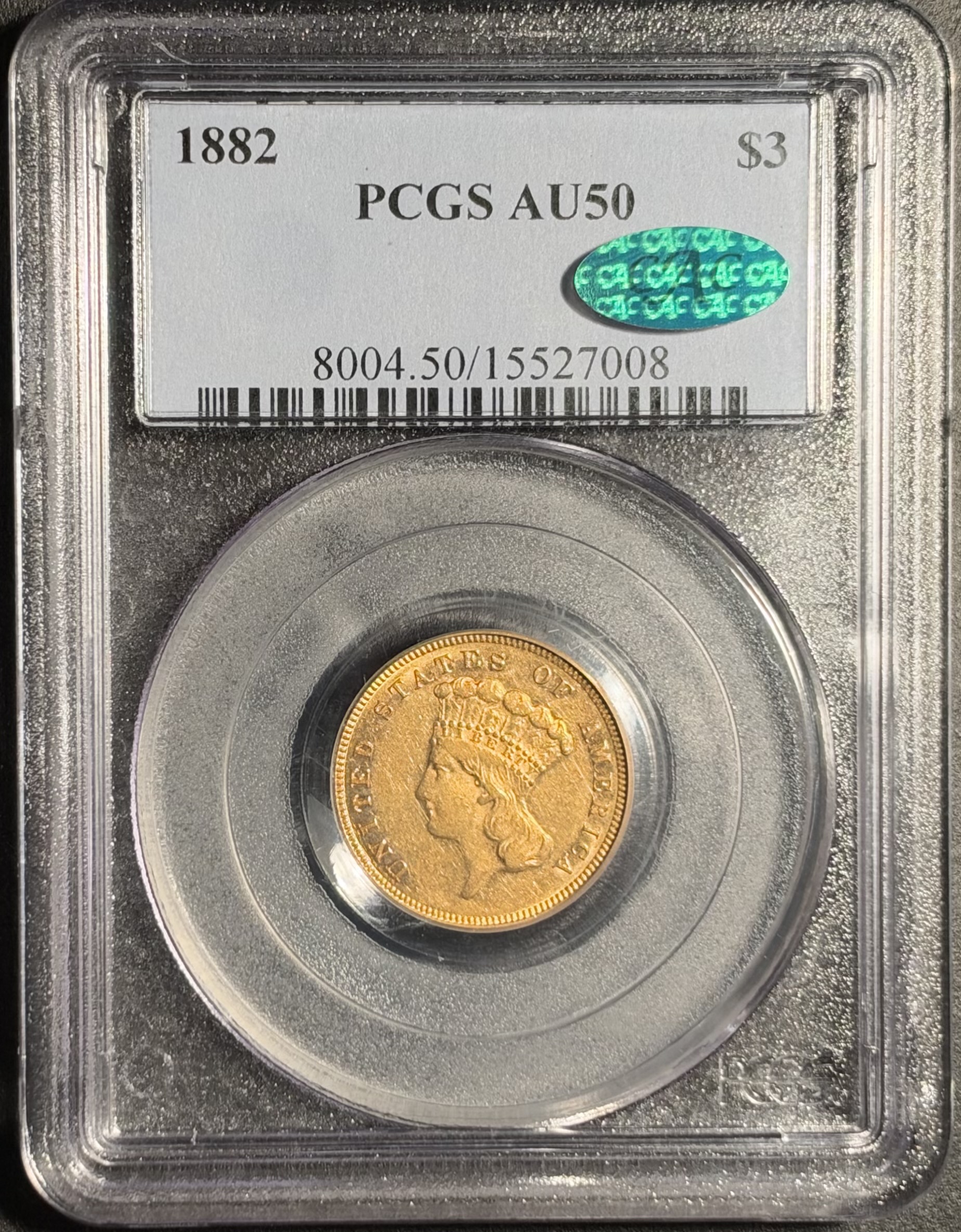 1882 $3 Gold PCGS AU50 - CAC Sticker